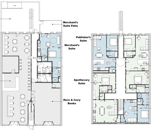 Plano de planta de un hotel que muestra varias suites, un patio y una librería.