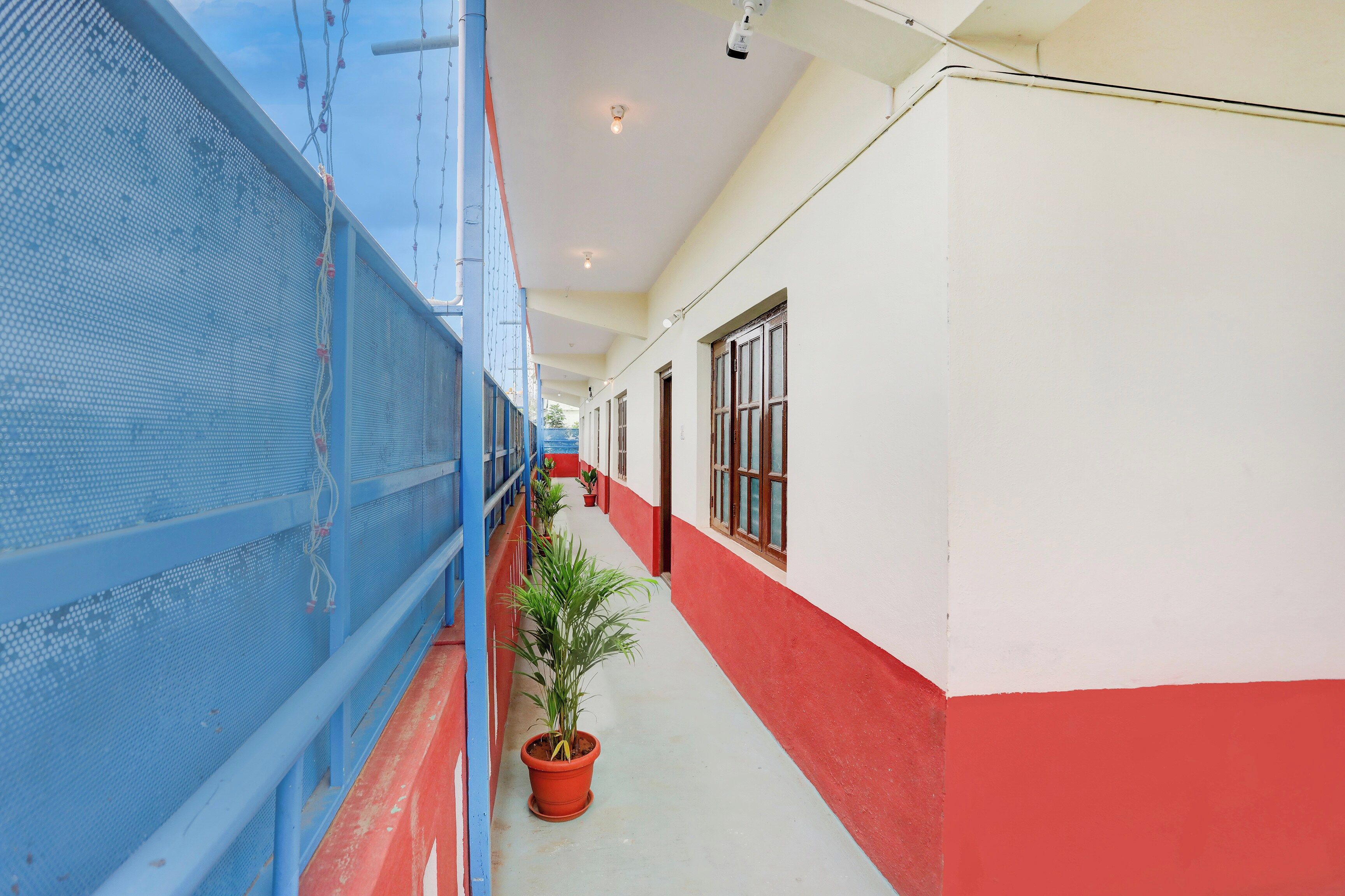 Un pasillo con una pared de malla azul, una planta en maceta y una pared pintada en rojo y blanco.