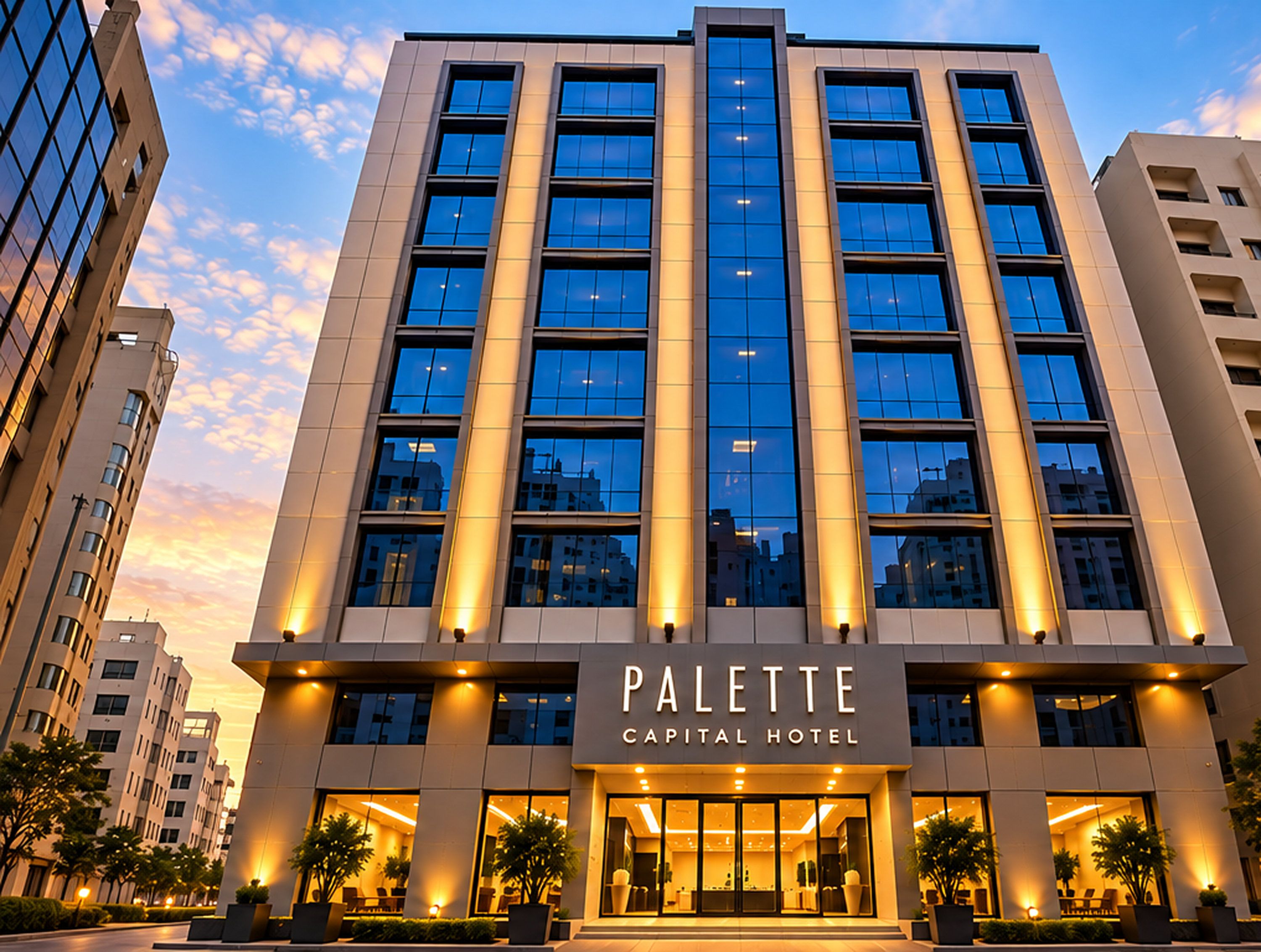 Ein mehrstöckiges Hotel mit einer markanten Eingangspartie und einem Schild mit der Aufschrift 'PALETTE CAPITAL HOTEL'.