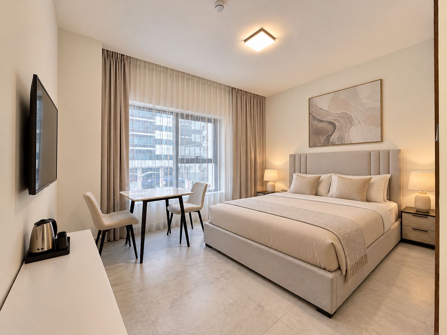 Ein Hotelzimmer mit Bett, Schreibtisch, Stühlen, Fernseher und einem Fenster mit Vorhängen.