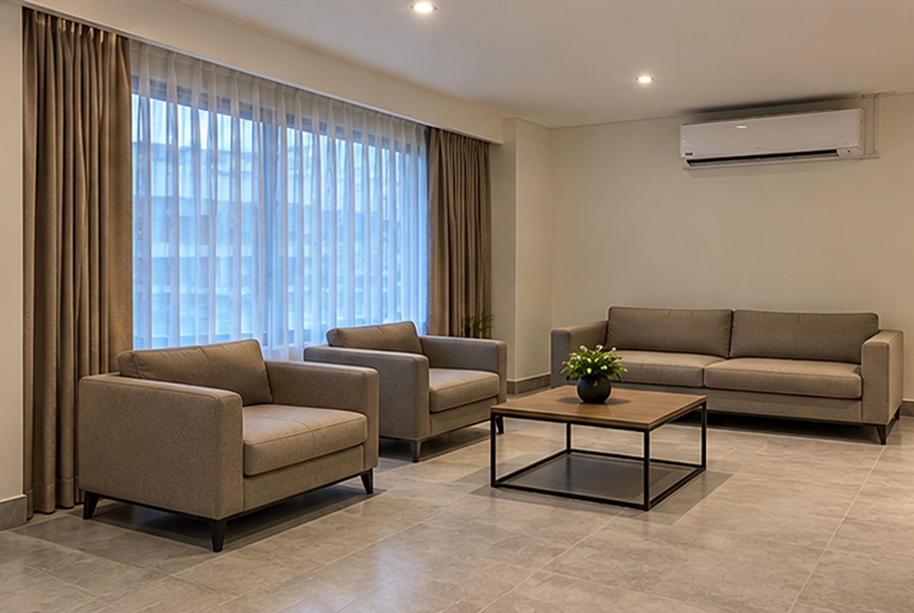 Una sala moderna con un sofá, dos sillones, una mesa de centro y una planta en maceta.