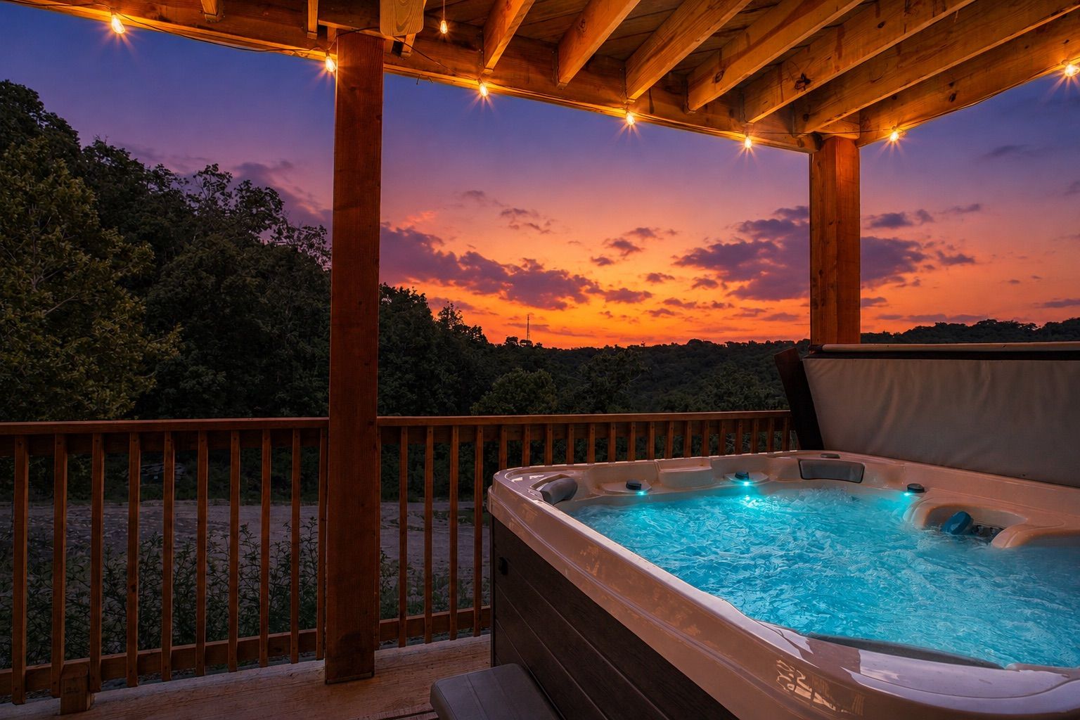 Un bain à remous sur une terrasse en bois, avec vue sur le coucher de soleil.
