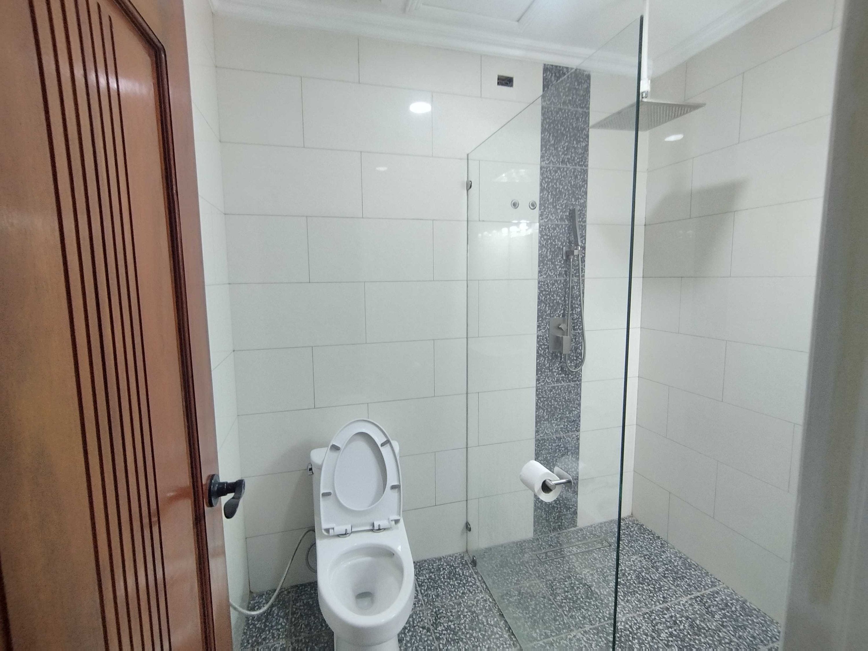 A bathroom with a toilet, shower, and a glass partition.