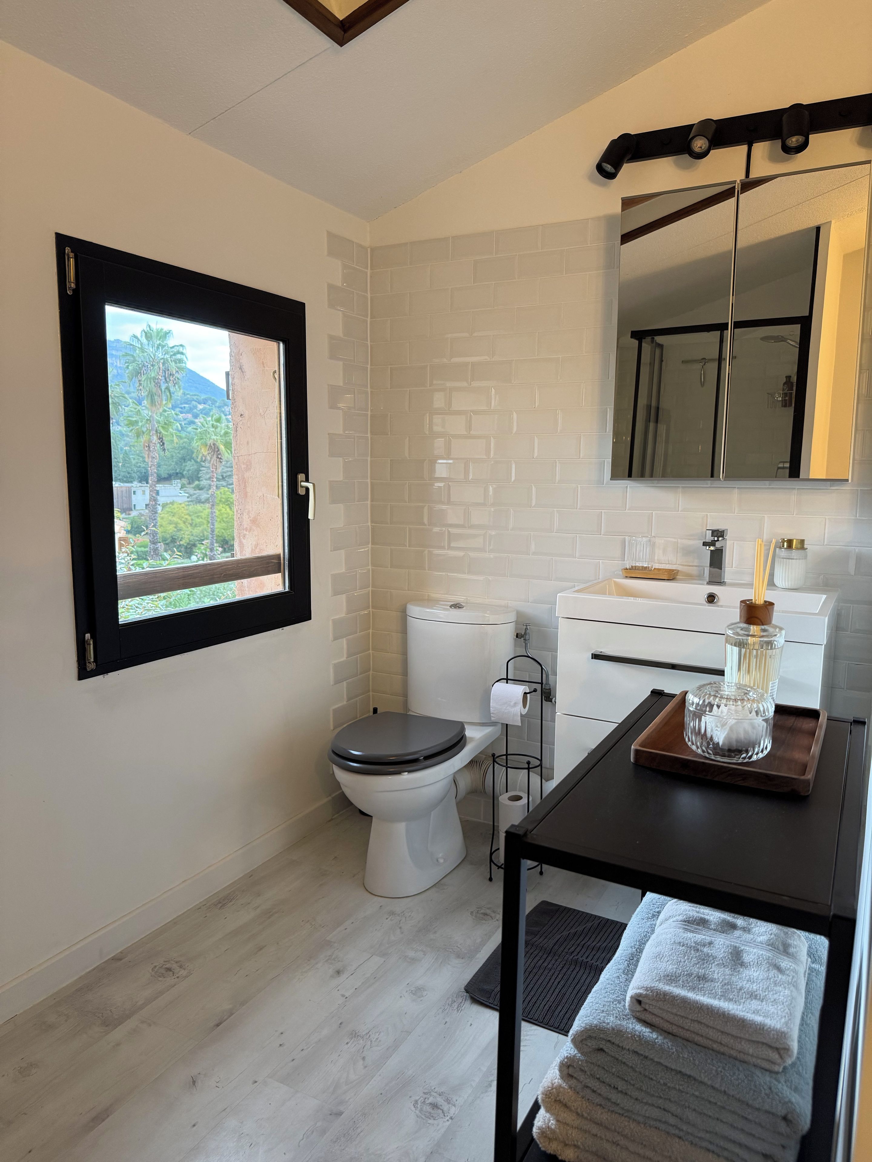 A compact bathroom with a toilet, a sink, and a mirror. There is a window with a view of palm trees and a mountain.