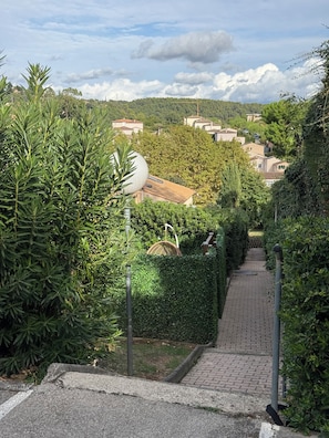Un camí que serpenteja per una zona verda i frondosa, amb cases visibles a la distància.