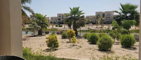 Un balcón con dos sillones de mimbre y una mesa, con vistas a una zona ajardinada con palmeras y arbustos, y un edificio con múltiples balcones al fondo.