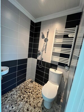 Un baño con inodoro, lavamanos, ducha con cabezal de ducha manual y un perchero para toallas.