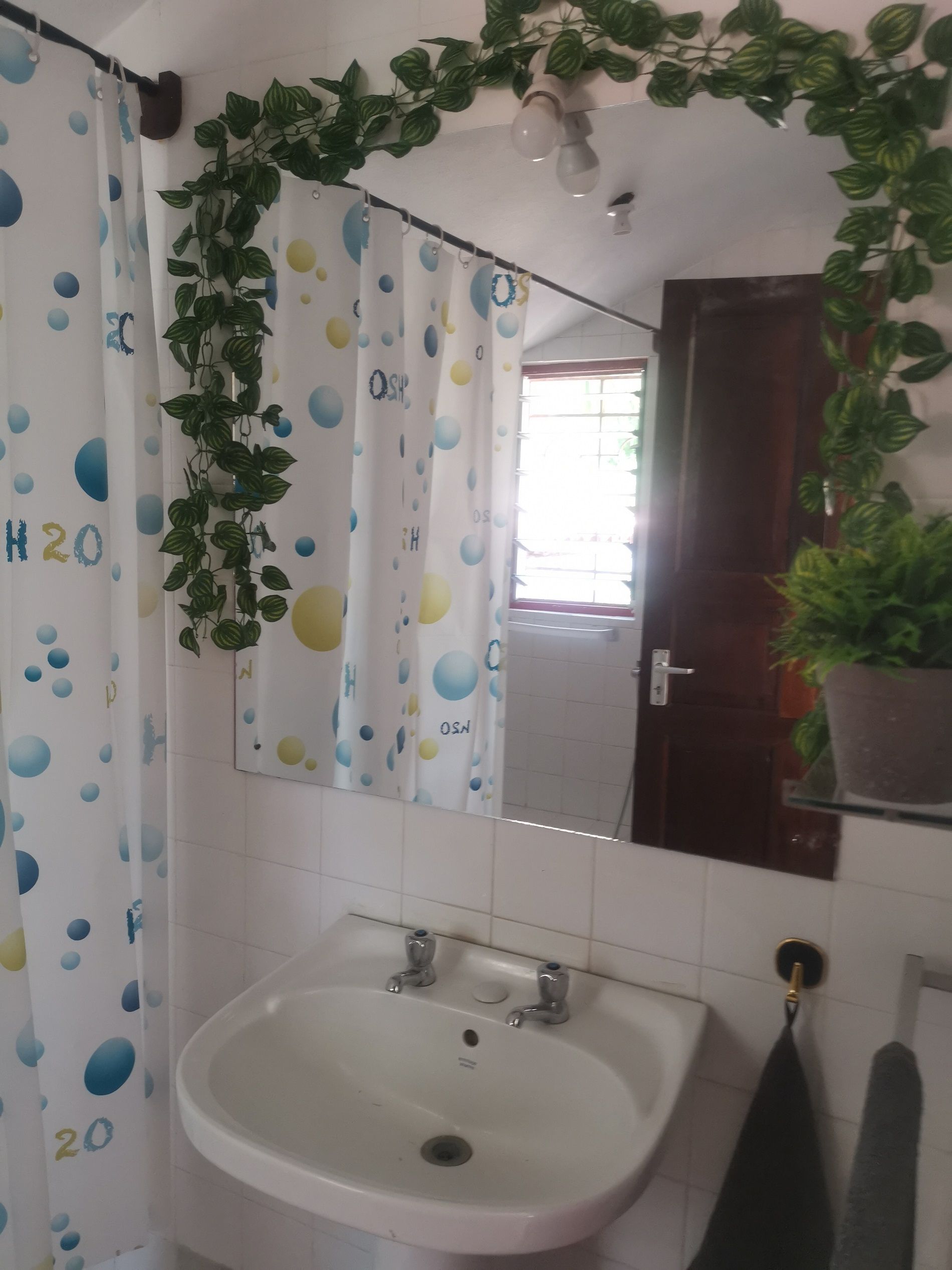 A bathroom with a white sink, a mirror, and a shower curtain with a polka dot pattern.