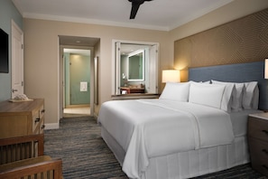 A hotel room with a bed, bedside table, lamp, and a mirror. - Westin Kaanapali Ocean Resort Villas North - Oceanfront 2 bed/2 bath Sleeps 8 (Lahaina)