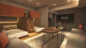 Ein modernes Schlafzimmer mit einem Bett, einem Schreibtisch und einer Treppe.