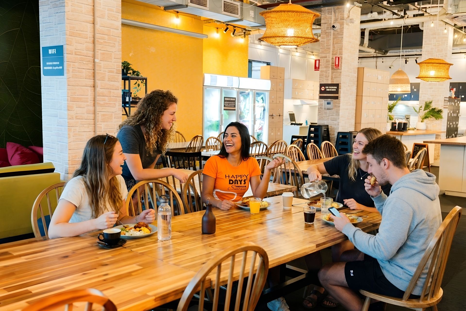Un grup de persones dinuant a taula de fusta en un restaurant amb parets de maó i llums penjants.