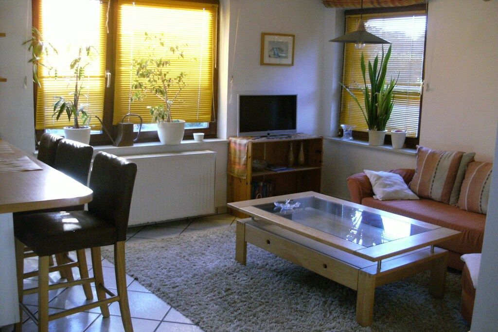 A living room with a sofa, a coffee table, a TV, and potted plants.