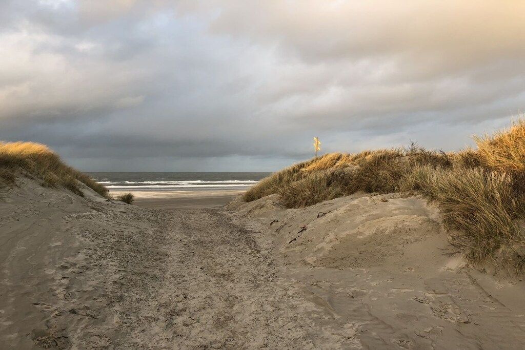 A sandy beach path leading to the sea with dunes on either side.