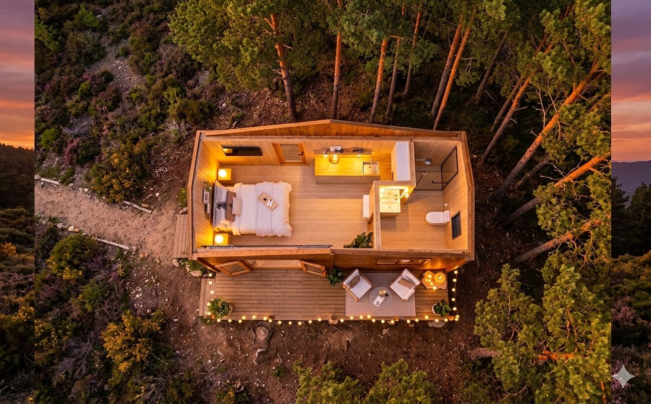 Een houten chalet met terras, een bank, een eethoek en een kleine keuken.