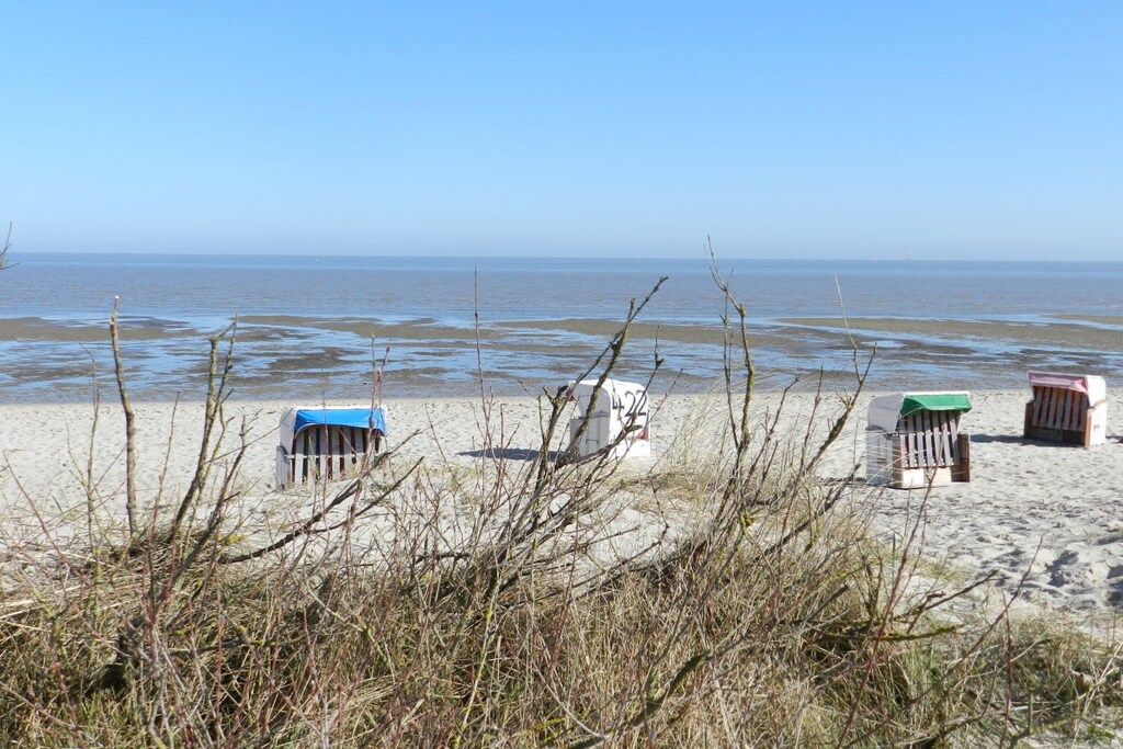 En strand med en række strandstole og en livredderstand.