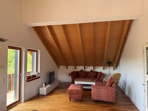 A loft-style room with a sloped ceiling, wooden flooring, a sofa, a chair, and a television. - Holiday Home 'Ferienwohnung Lou' with Shared Garden, Balcony and Wi-Fi (Beverungen)