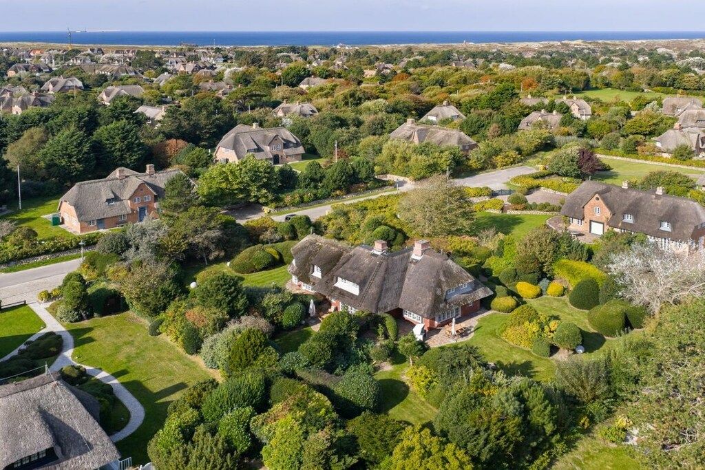 A residential area with houses featuring thatched roofs, surrounded by well-maintained gardens and a clear view of the sea.