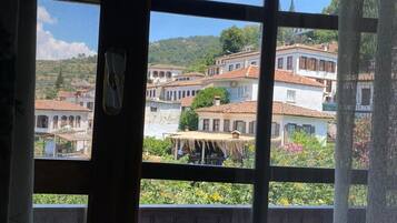 A window with a view of a hillside town with traditional buildings.