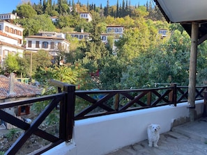 Varanda com um cão branco, vista para uma colina com edifícios e árvores.