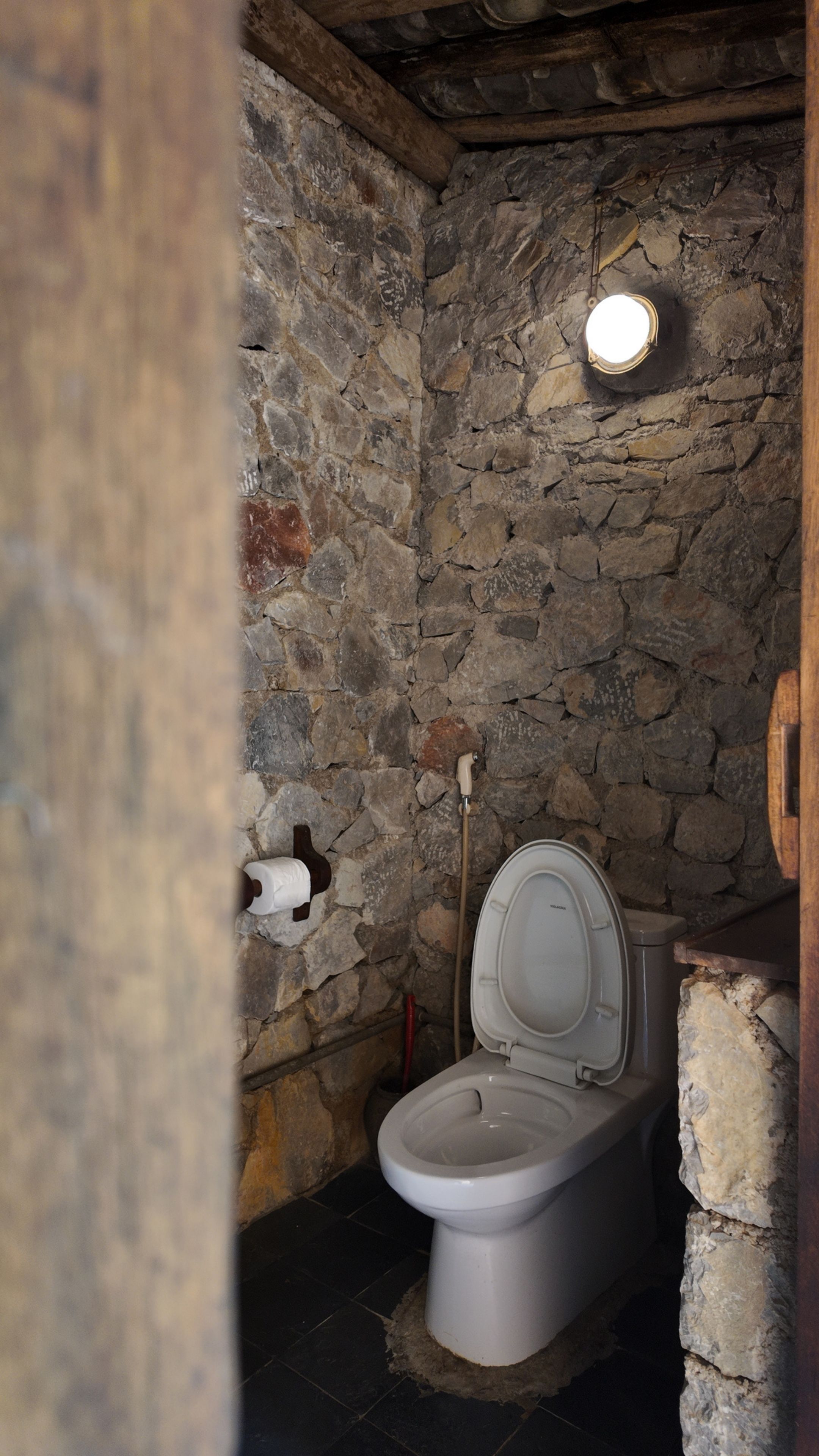 Een badkamer met stenen muren, een wit toilet en een houten deur.