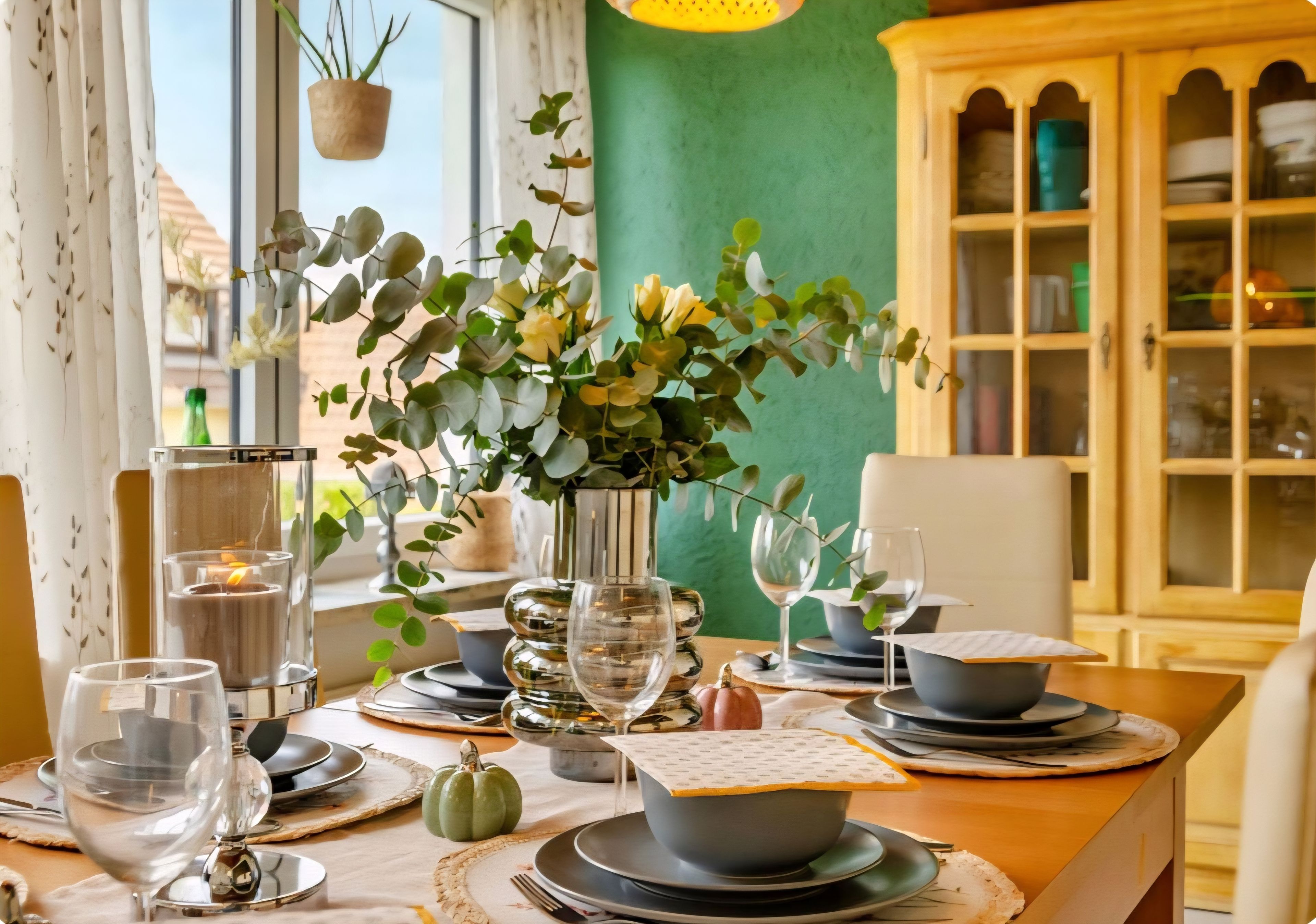 A dining table set with plates, bowls, and glasses, with a vase of flowers in the center.