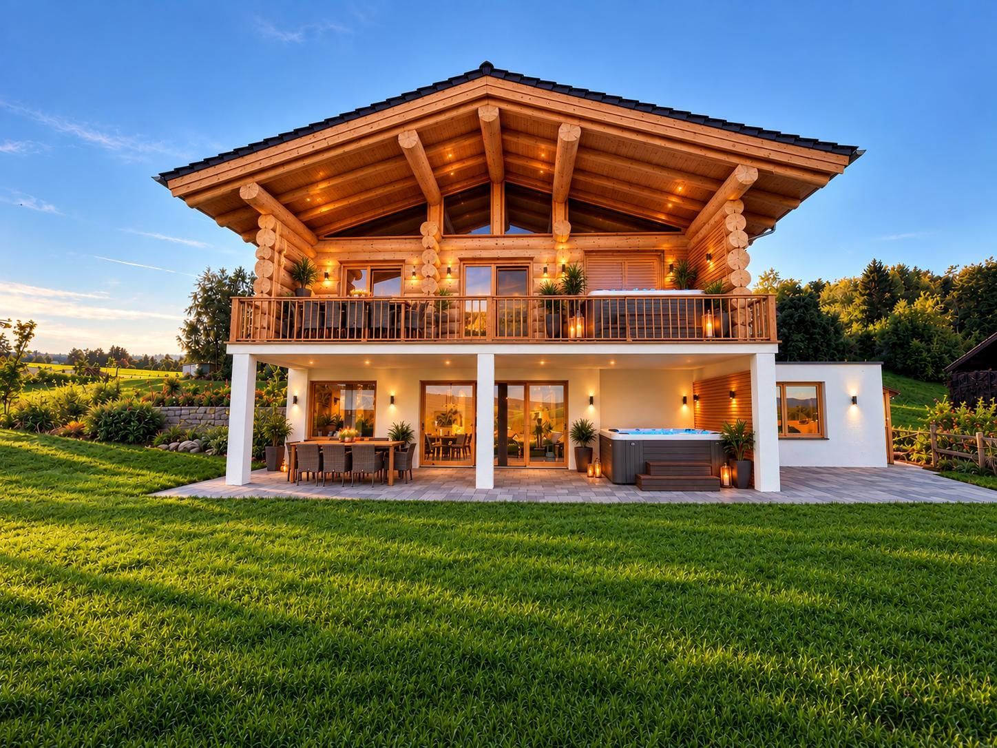 Eine zweistöckige Blockhütte mit Balkon, Sitzgelegenheit im Freien und Whirlpool.