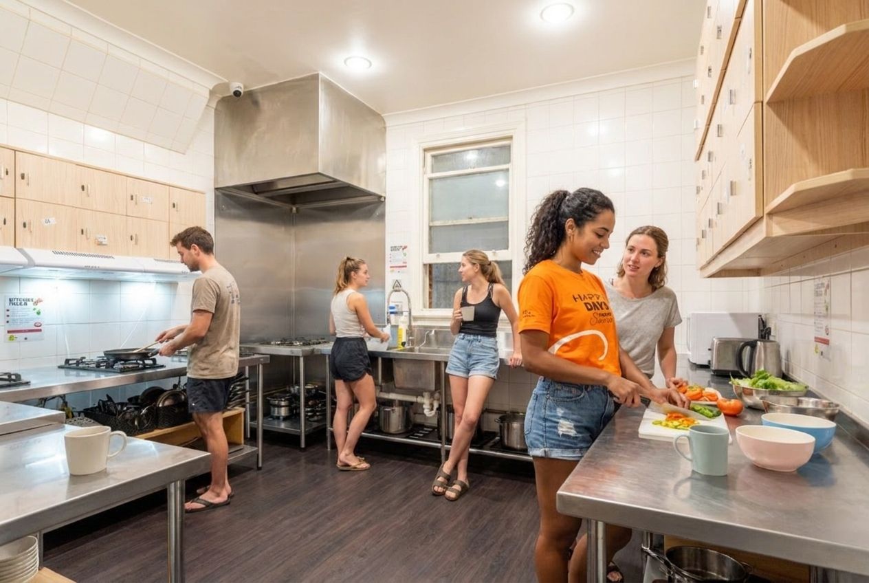 A modern kitchen with stainless steel appliances, wooden cabinets, and a large window.