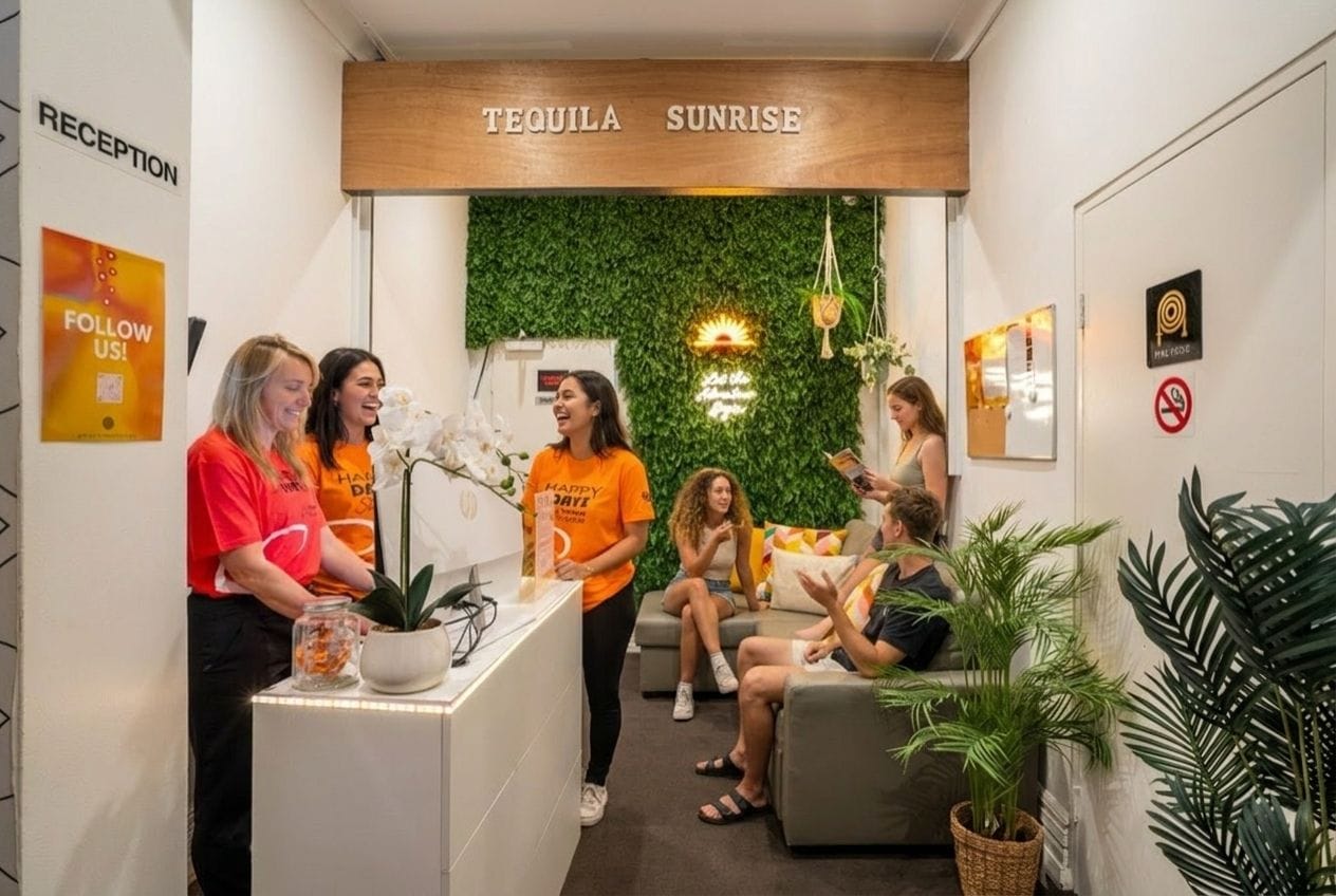 A reception area with a wooden sign above the counter, a green wall with a hanging light, and a reception desk with a potted plant.