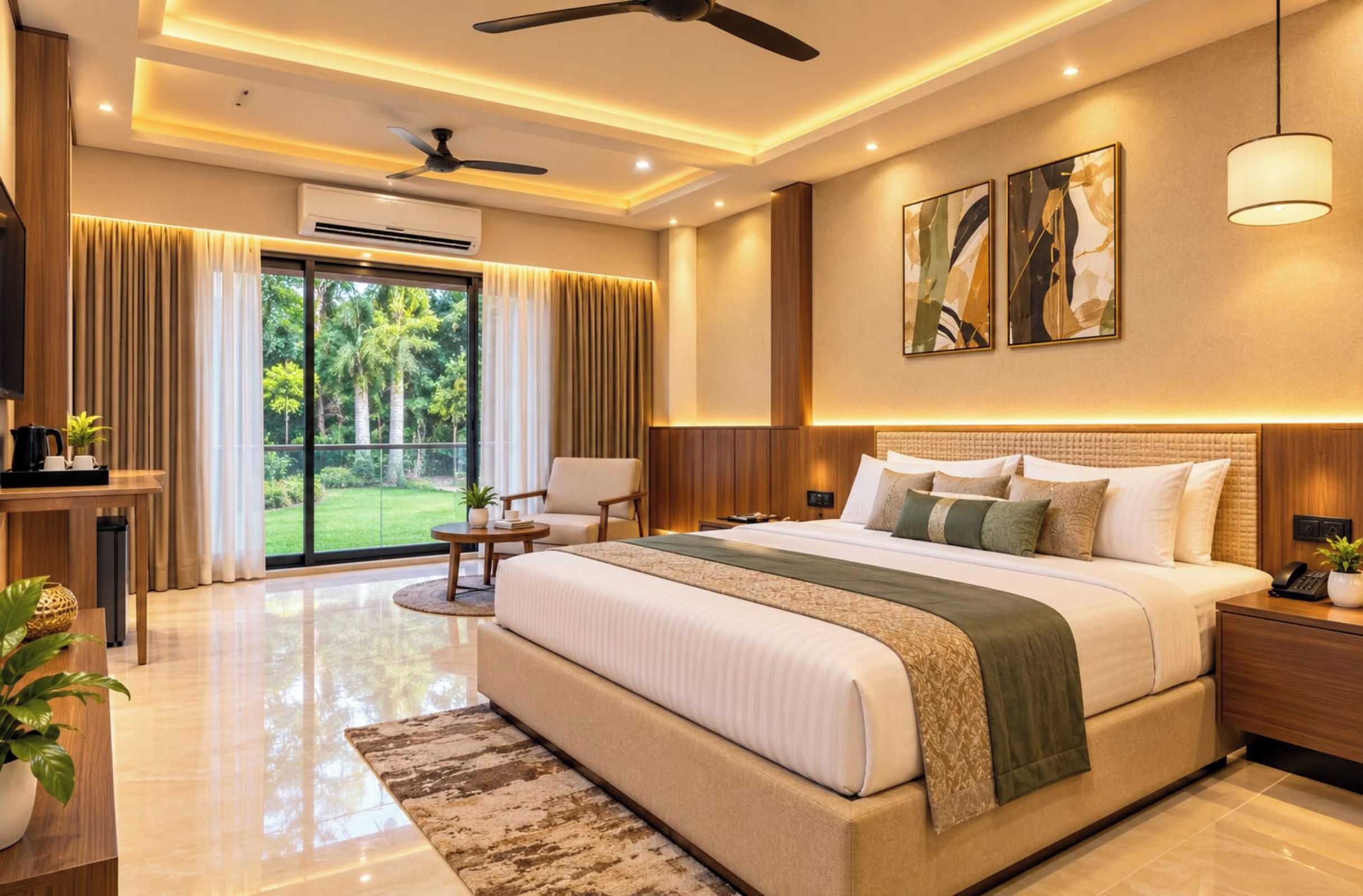 A modern bedroom with a large bed, a desk, and a chair. There is a sliding glass door leading to a balcony.
