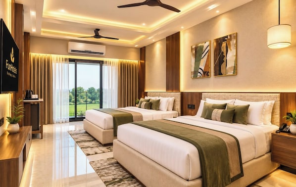 A hotel room with two beds, a flat-screen TV, an air conditioning unit, a ceiling fan, and a view of the outdoors.