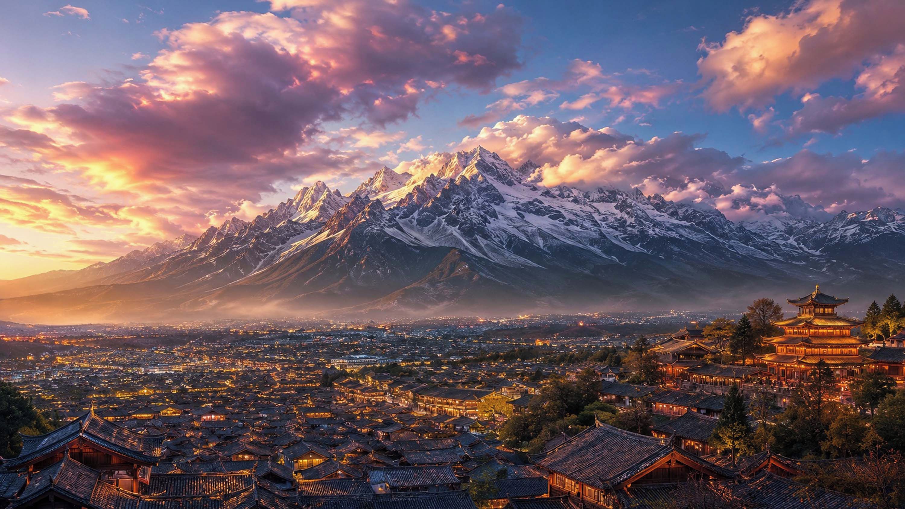 A panoramic view of a mountainous landscape with a town and traditional buildings in the foreground.