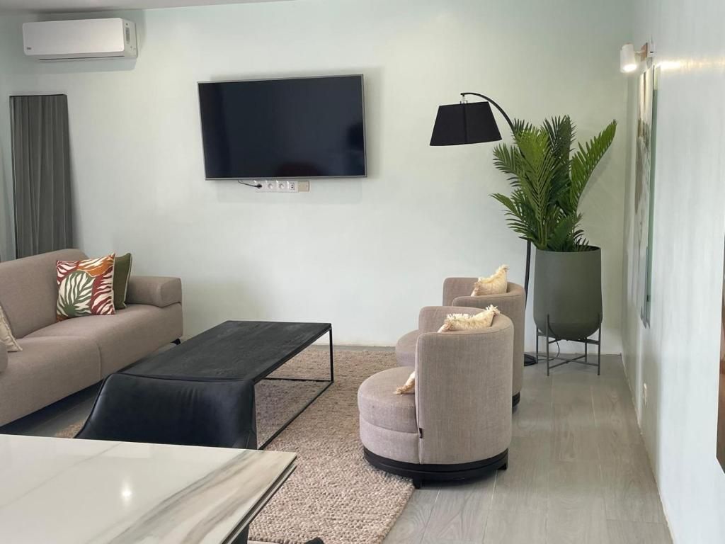 Una sala de estar moderna con un sofá, sillones, una mesa de centro, un televisor, una lámpara y una planta.