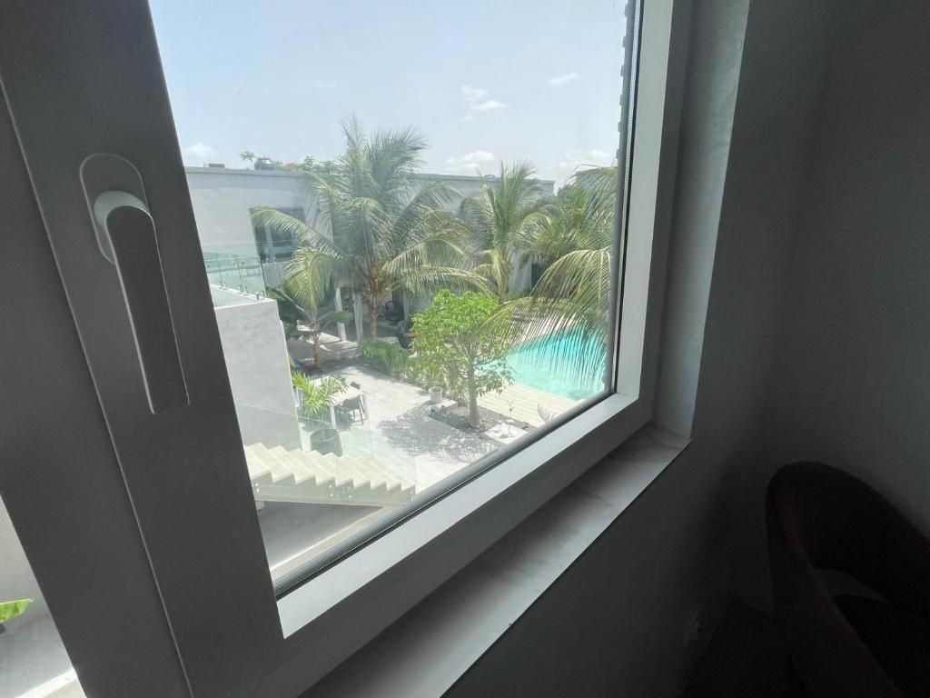 Una ventana con vista a una piscina y palmeras.