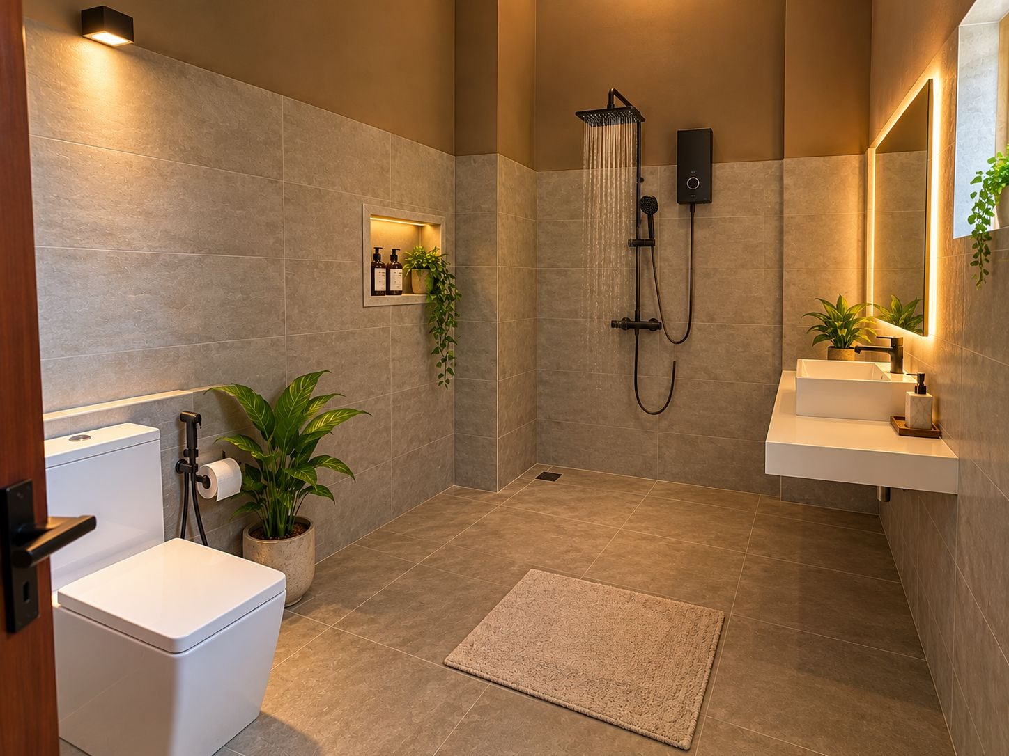 A modern bathroom with a shower, toilet, sink, and plants.