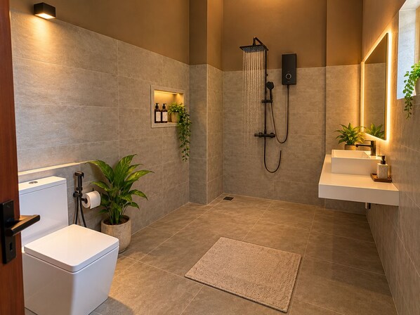 Un baño moderno con ducha, inodoro, lavabo y plantas.