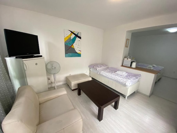 A compact living space with a sofa, a coffee table, a television on a stand, a small refrigerator, and a wall-mounted artwork.