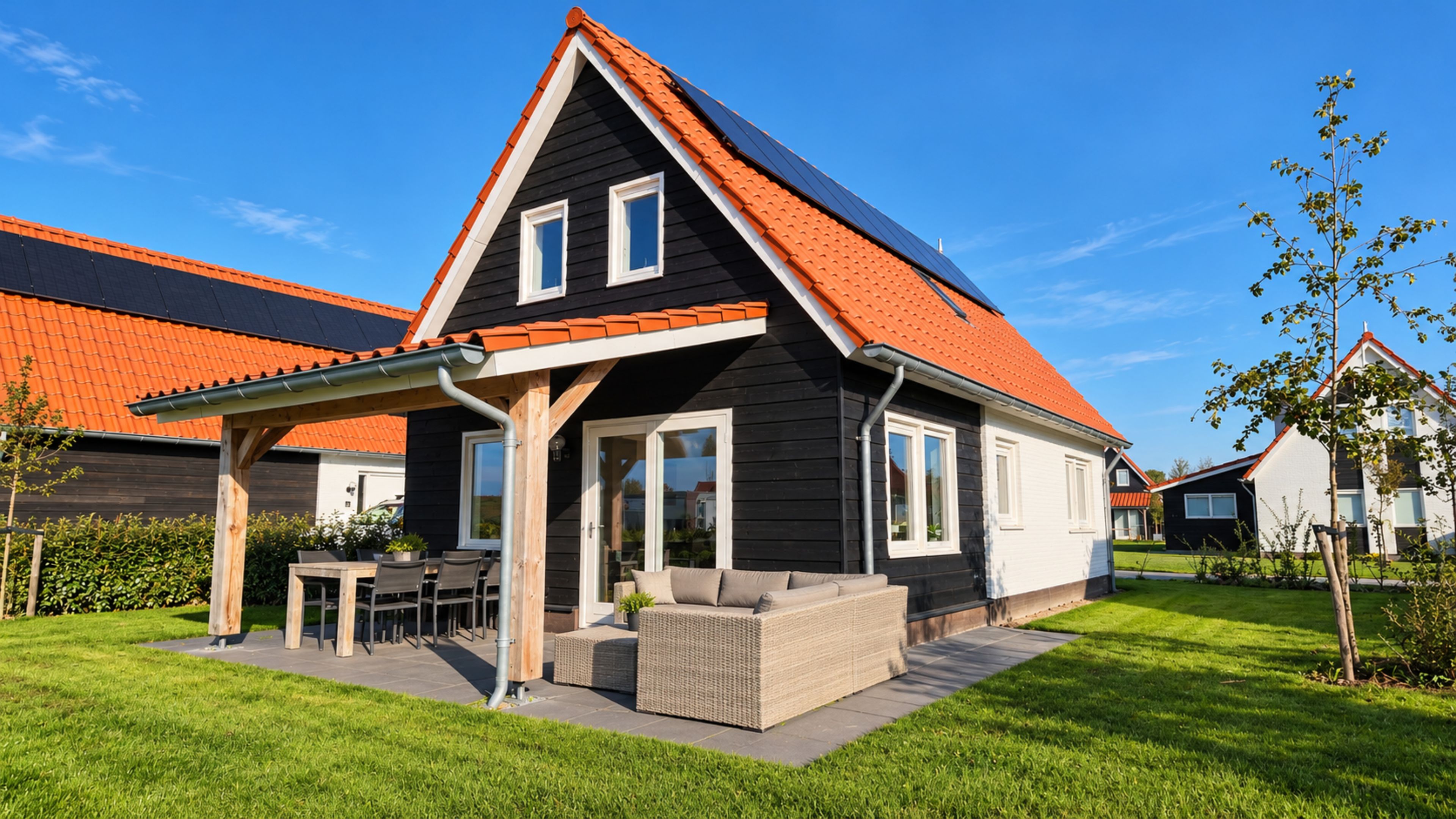 Een modern huis met een schuin dak, een overdekt terras en een verzorgd gazon.