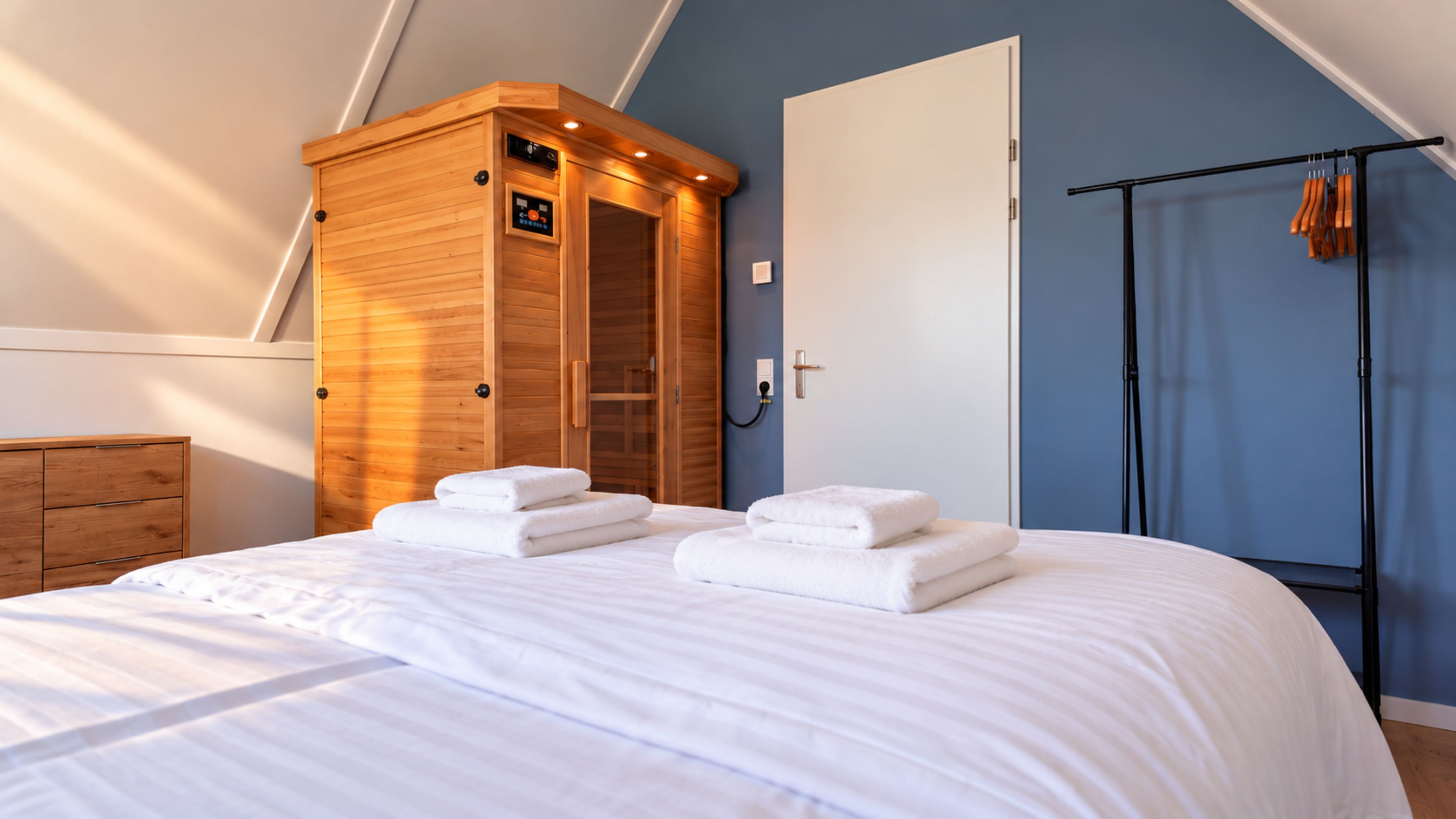 Een slaapkamer met een bed, een houten garderobe en een zwarte metalen rek.