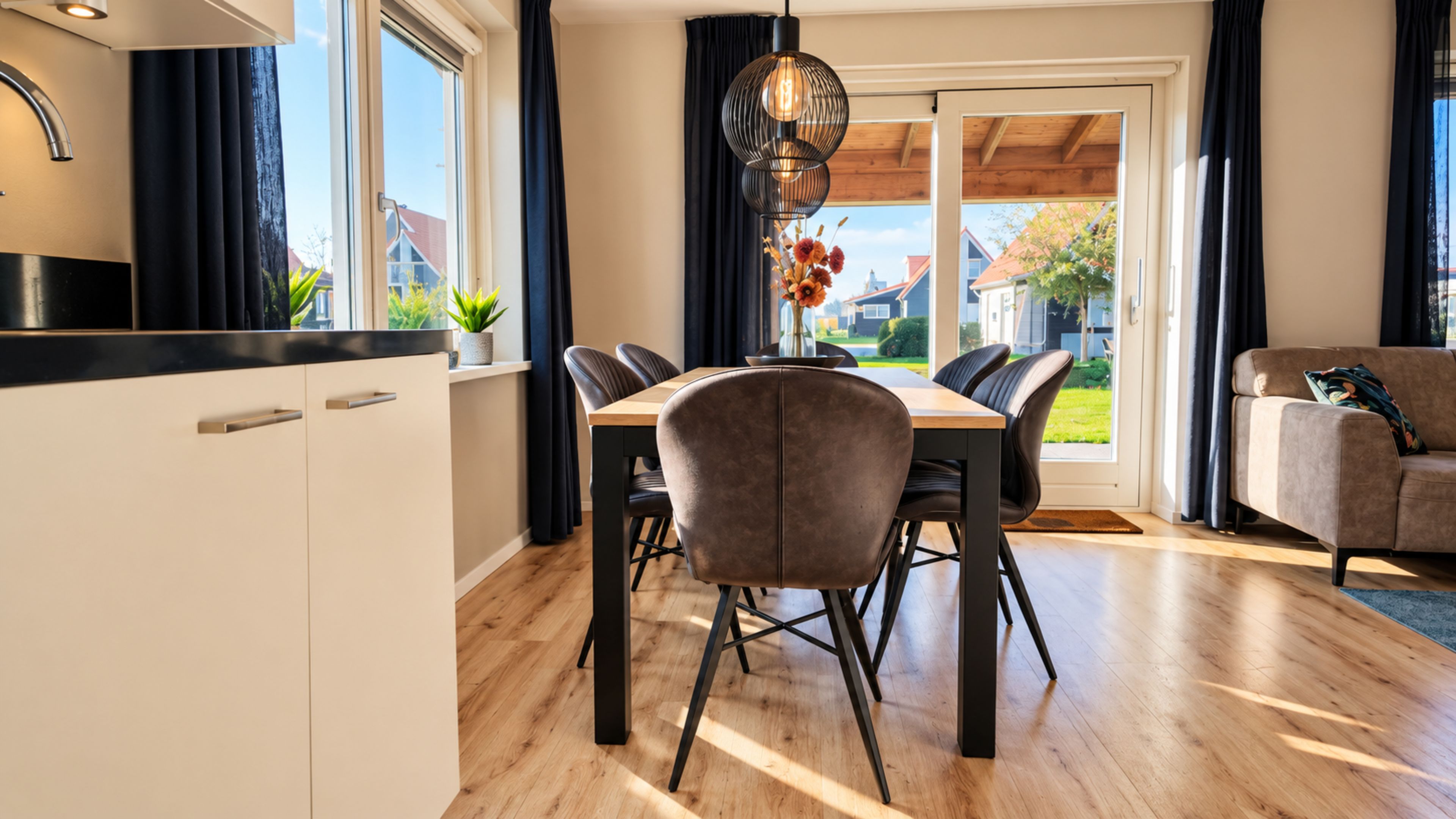 Een moderne keuken met een eethoek, houten vloeren en uitzicht op het exterieur.