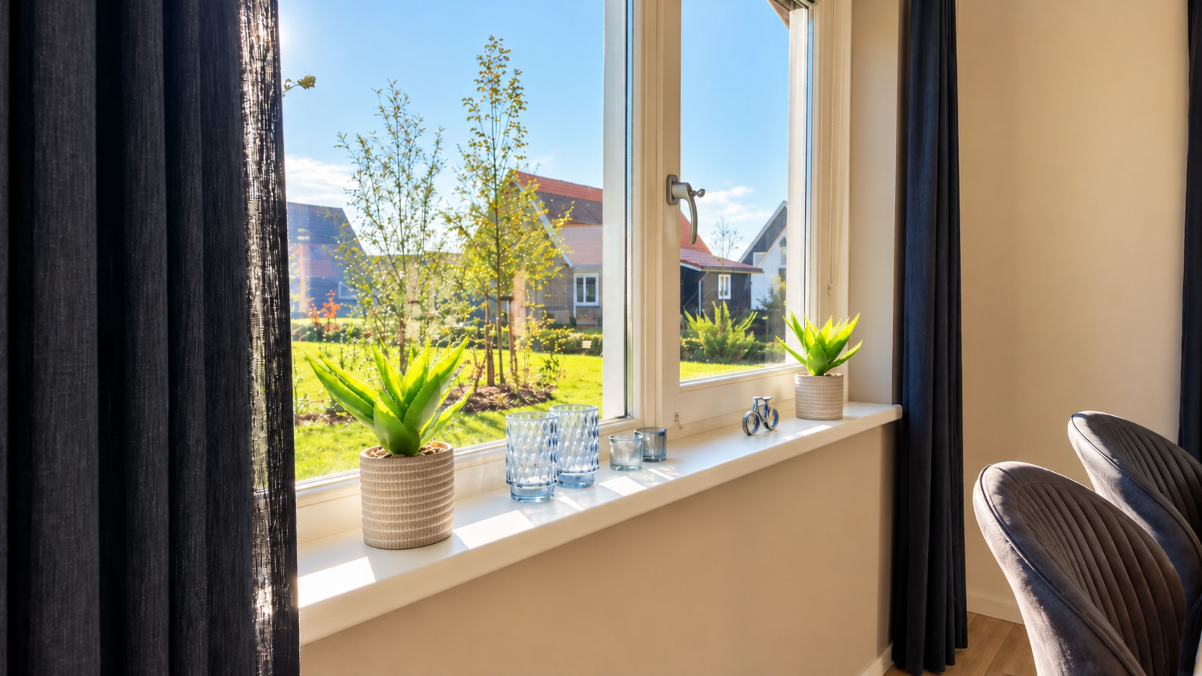 Een kamer met een raam dat uitkijkt op een tuin, een kamerplant en een klein tafeltje met een fiets en glazen.