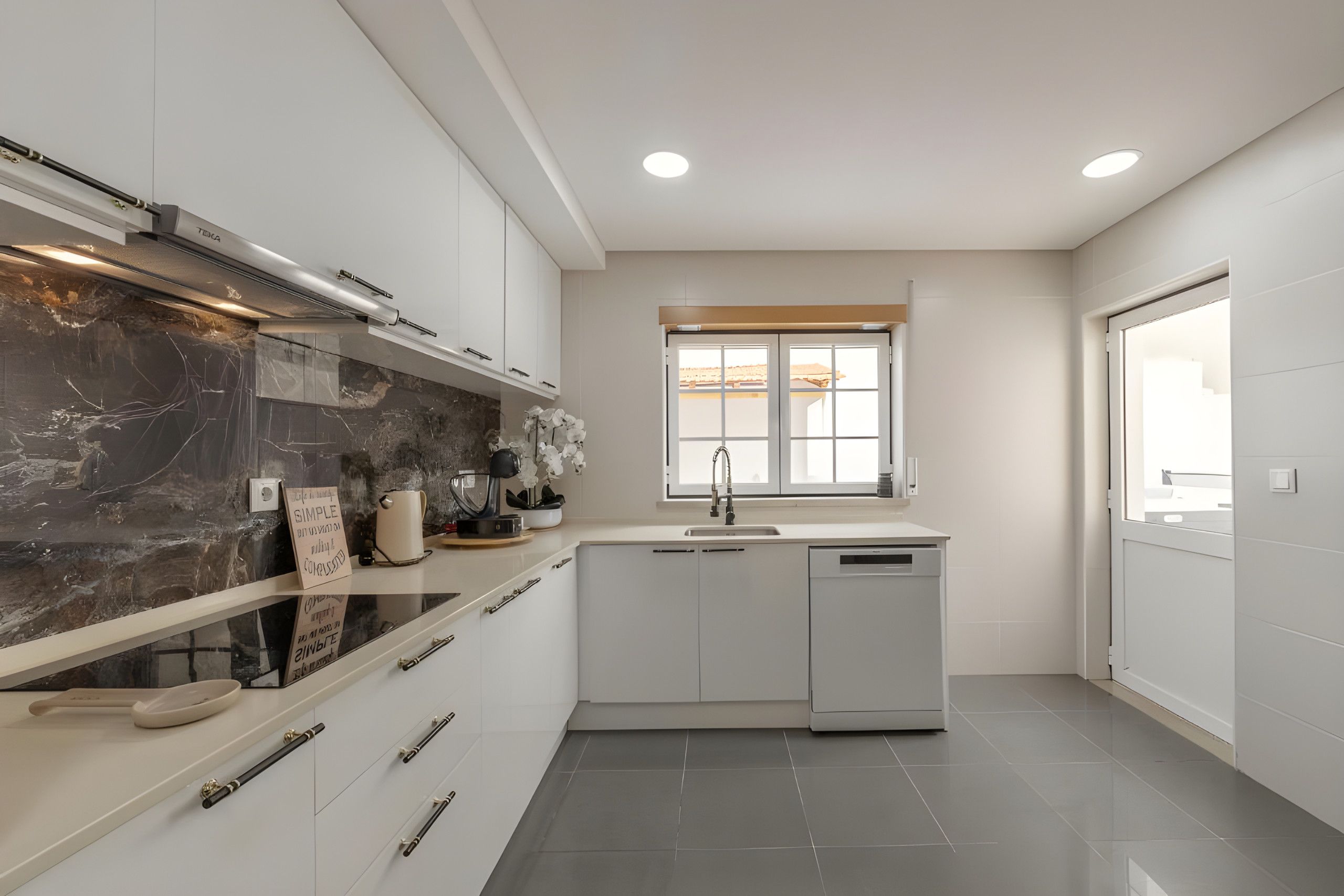 Una cucina moderna con schienale in marmo, mobili bianchi e una finestra vista panoramica.