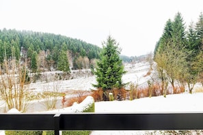 A snowy landscape with a forested hill in the background and a black fence in the foreground. - Pool, sauna & ski jump view · #11 (Winterberg)