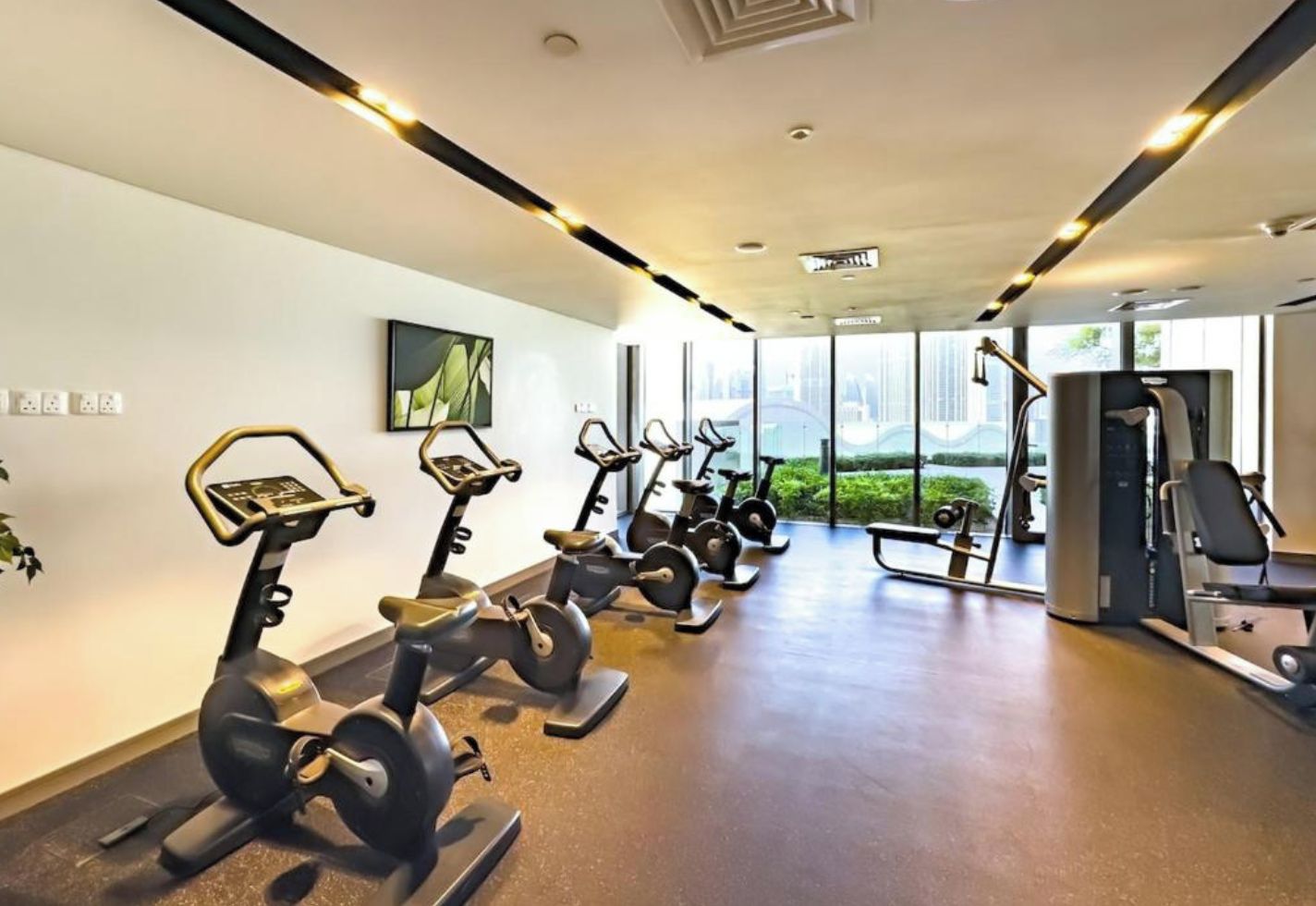 Une salle de sport équipée de matériel d’exercice, dotée de grandes fenêtres et offrant une vue sur la verdure.