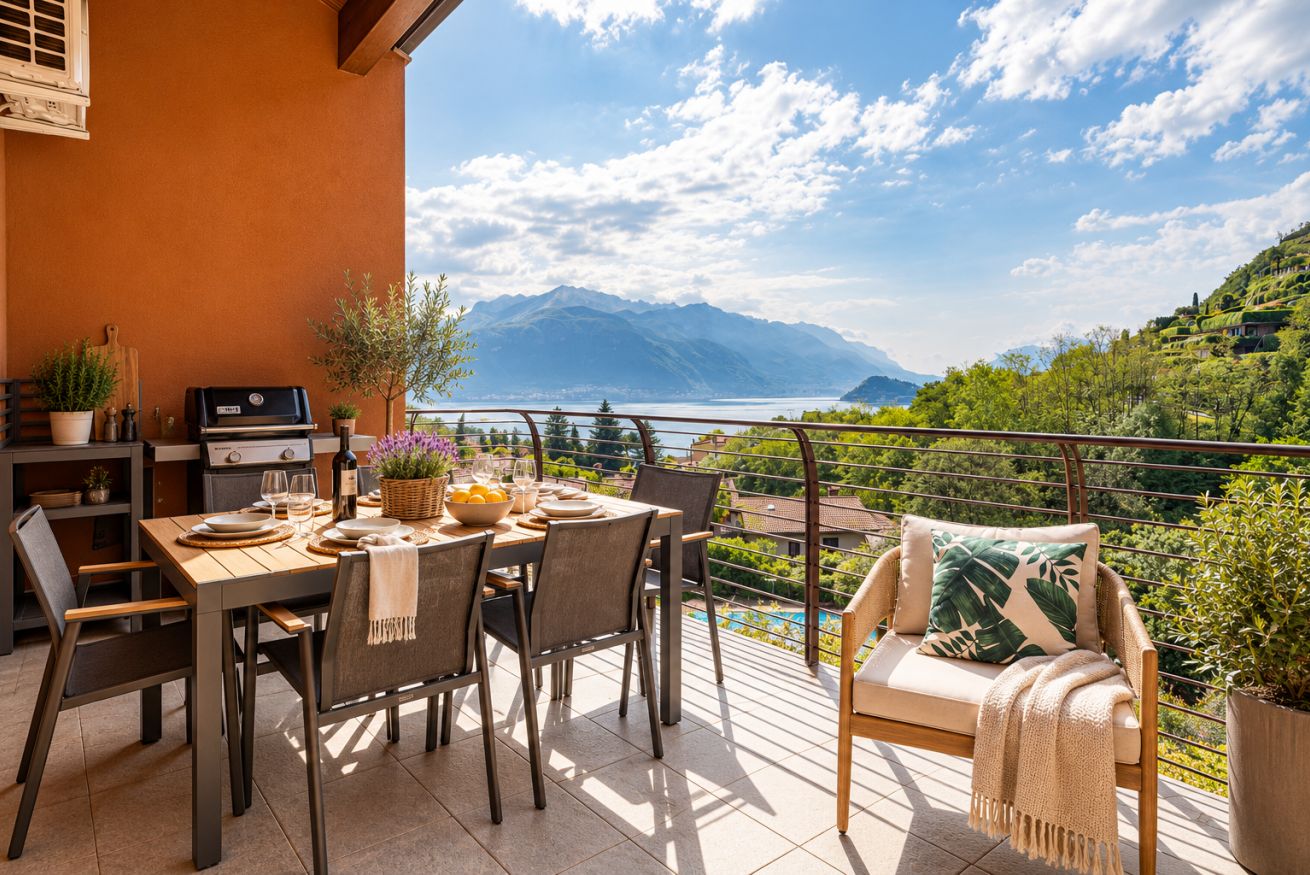 An outdoor dining area with a view of mountains and a lake.