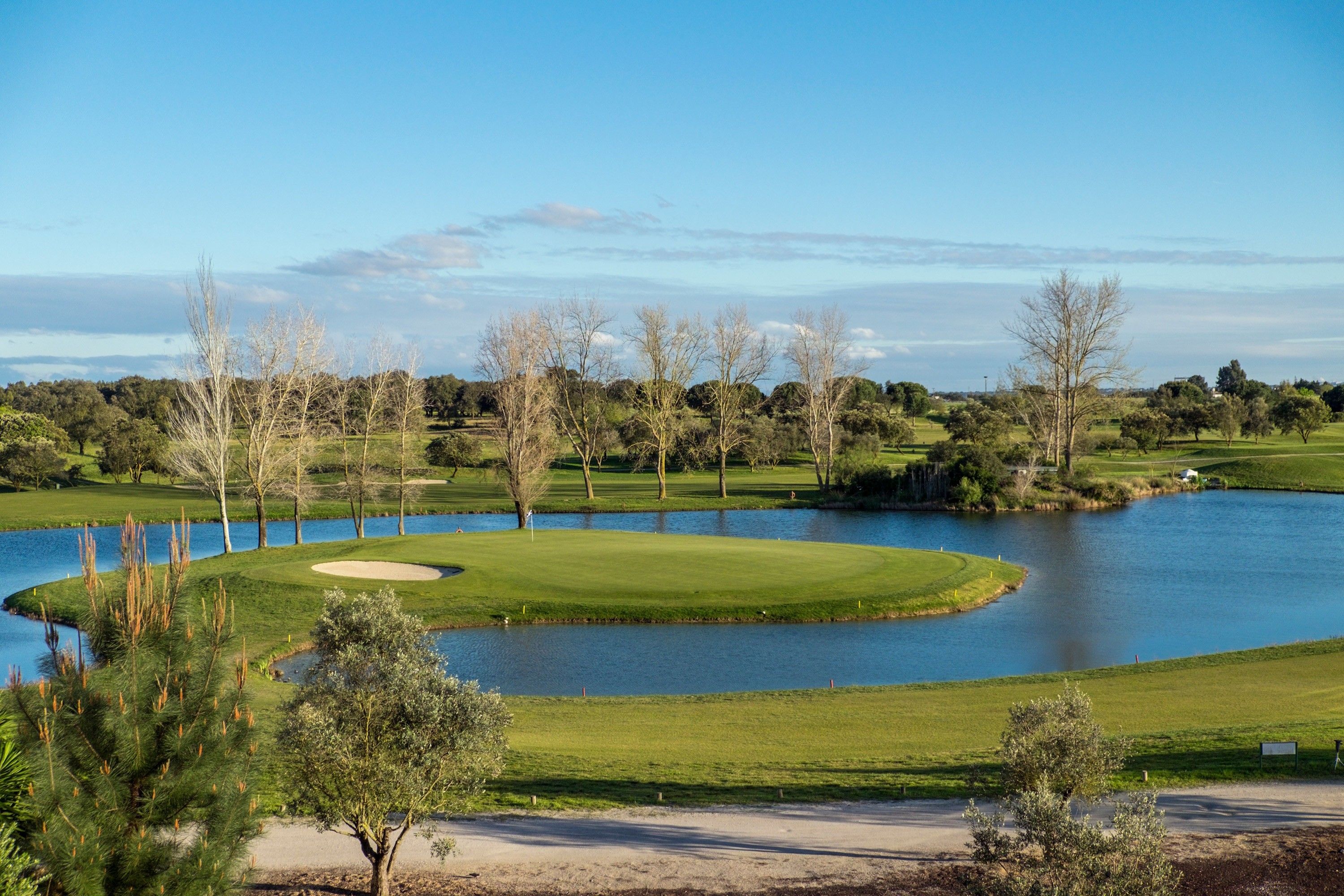 Un campo de golf con un lago, árboles y cielo despejado.