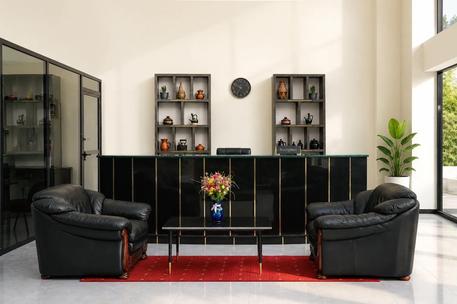 A reception area with a black reception desk, two black leather sofas, a red rug, and a vase with flowers.