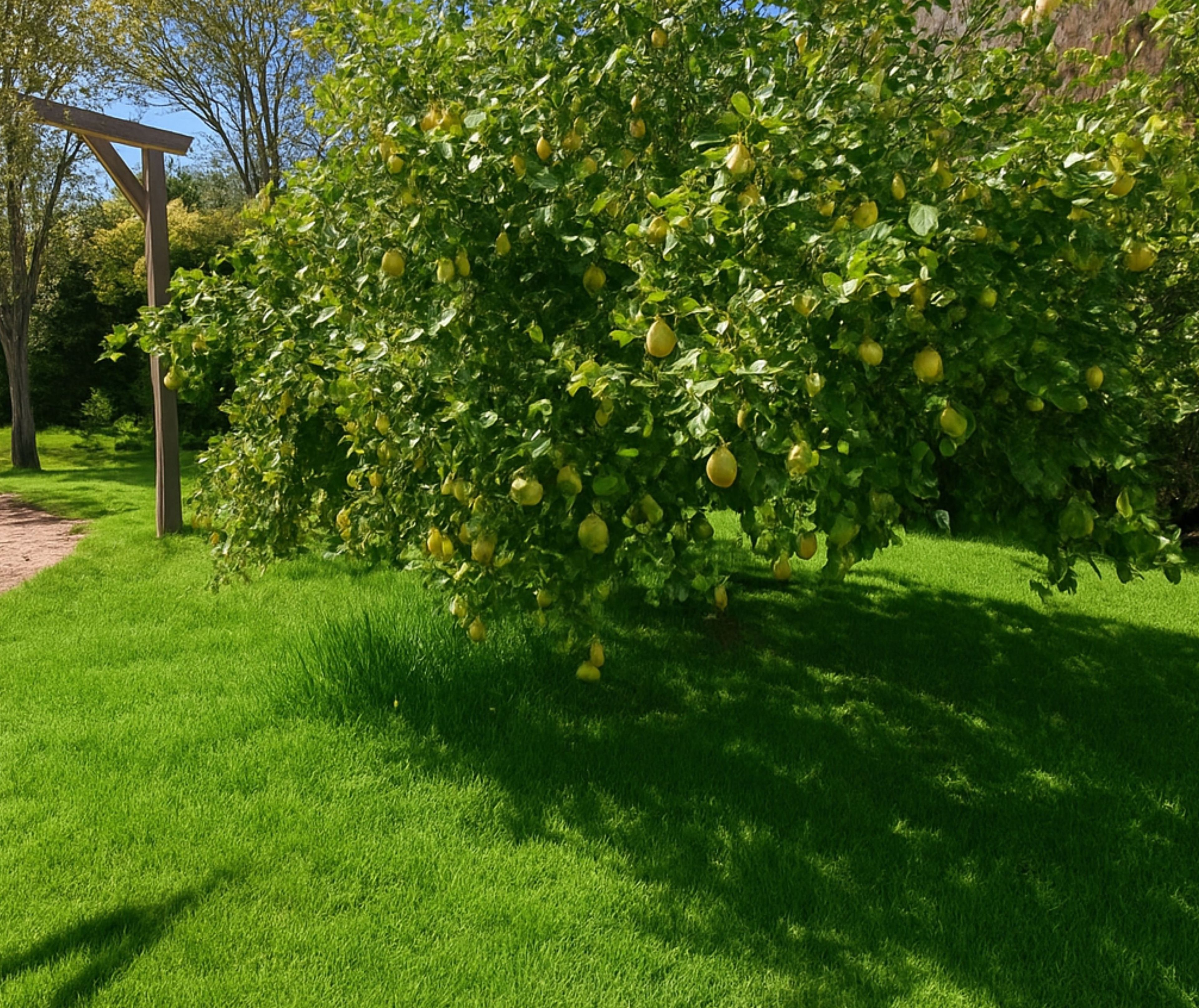 Um jardim com pérgola e árvore frutífera.