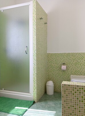 Une salle de bain avec une douche, des toilettes et une poubelle.