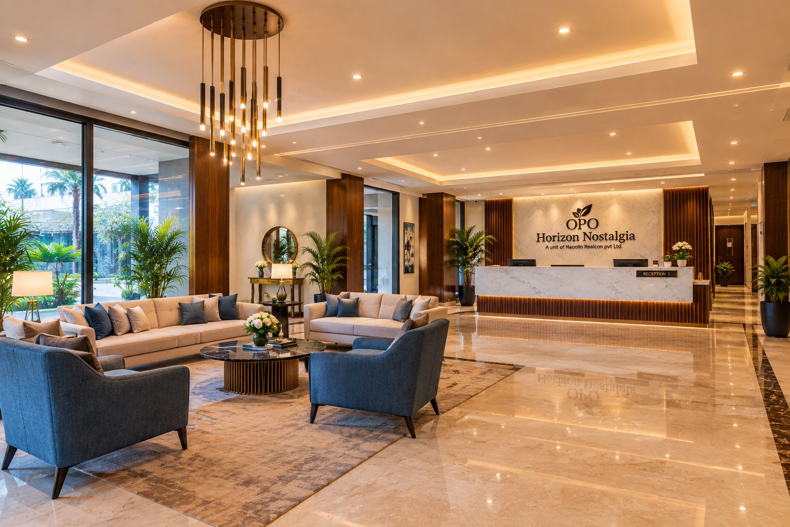 A modern hotel lobby with a reception desk, sofas, and a chandelier.