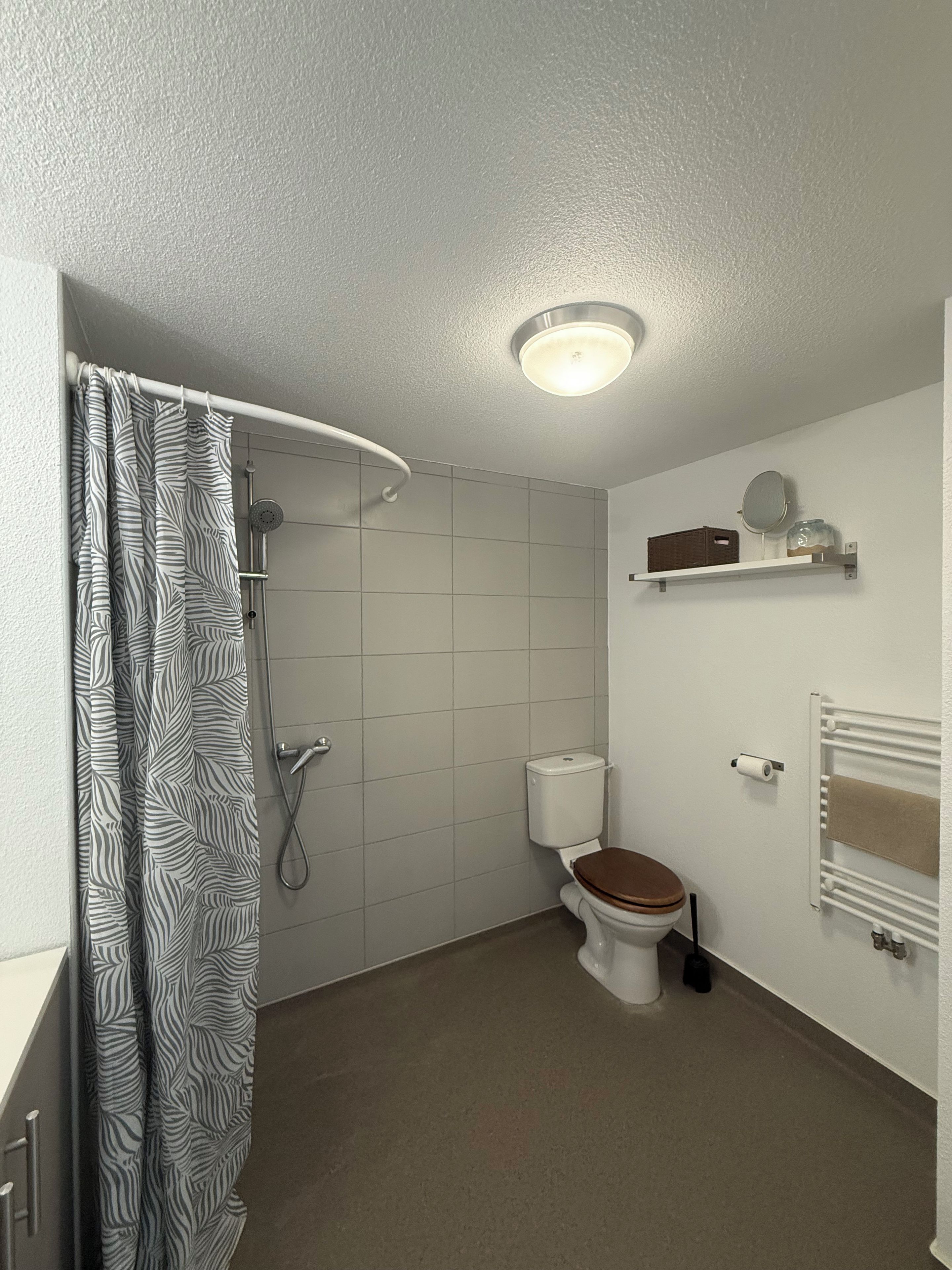 Une salle de bain avec douche, toilettes et une étagère contenant des articles de toilette.